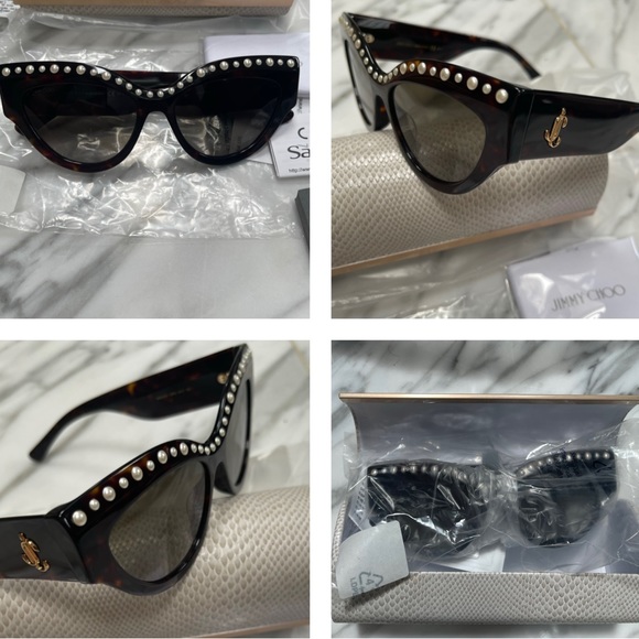 JIMMY CHOO HAVANA CAT EYE WITH FAUX PEARL DETAILING & GOLD “JC” LOGO SUNGLASSES - Picture 11 of 16